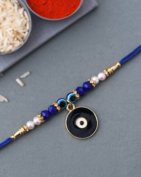 Voylla Thread Blue Stone Decked Evil Eye Design Rakhi Mauli Thread Chawal Roli Pack Set