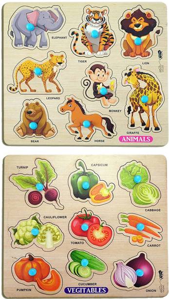 Enorme Mini Wooden Animals and Vegetables Puzzle with Knobs Game For Kids