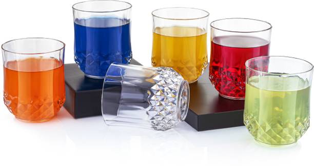 सावोरियर Plastic Multi Purpose Unbreakable Drinking Water Glass Crystal Cut Diamond Imported Water/Juice Glass Serving Glass for Scotch, Bourbon, Vodka, Liquor 300ml, Set of 6 ग्लास सेट