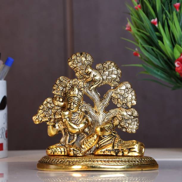 KridayKraft metal lord krishna plying flute sitting under tree with cow Decorative Showpiece  -  13 cm