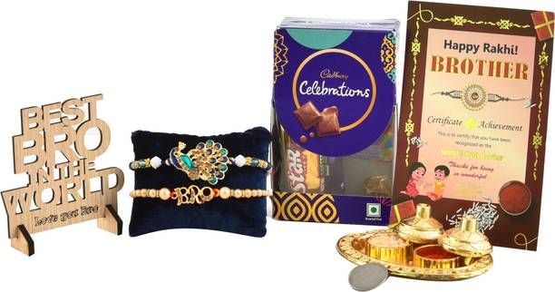 PRIDE STORE Cadbury Celebrations Pack with Peacock & Bro Rakhis,Showpiece,Thali & Card+Tilak Paper Gift Box