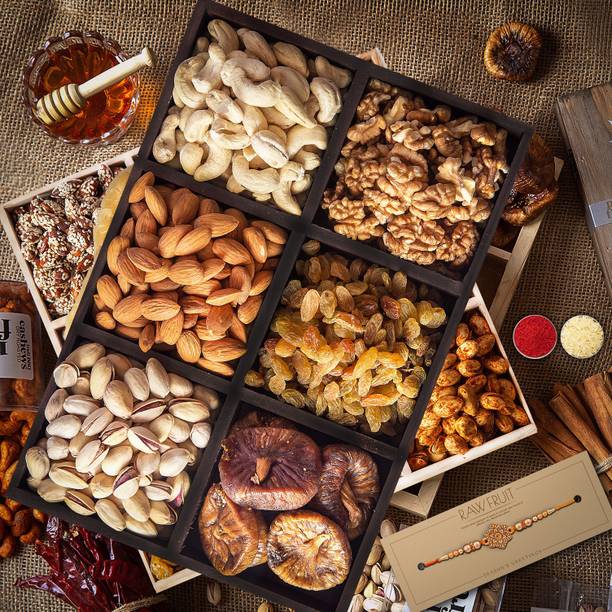 HyperFoods Flower Rakhi for Brother Combo 6 Basic Dryfruit Tray Pack Combo