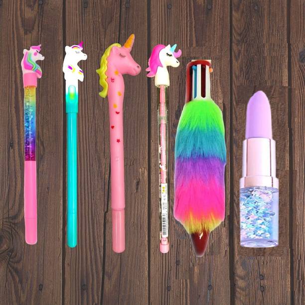 Neel Unicorn Stationery Pen Set Combo-6pcs 3 Unicorn Pen/1 Fur Pen/1 Lip Pen/1 Pencil Stationery Set