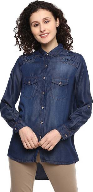 MODA ELEMENTI Casual Full Sleeve Solid Women Blue Top