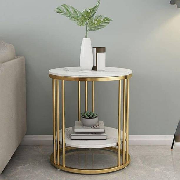 KraftValley Nesting Double Top Wooden Round Table Modern Coffee Tables Color Golden & White Metal Side Table