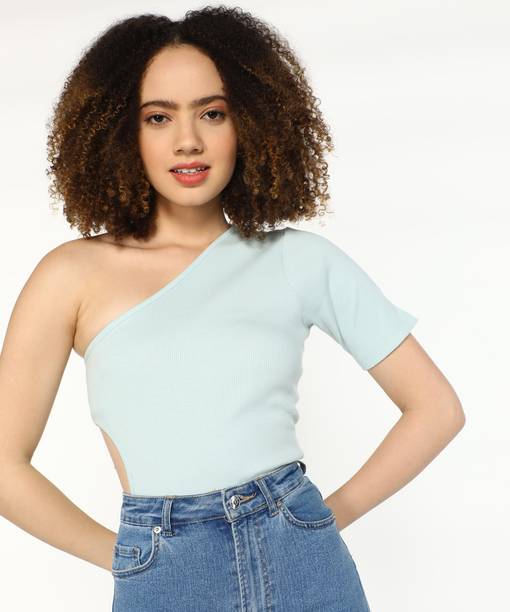 Casual One Shoulder Sleeves Printed Women Blue Top