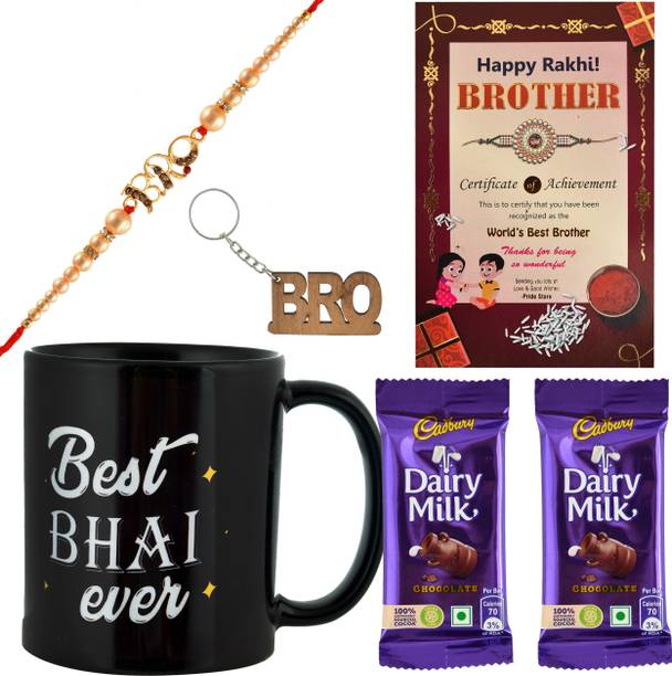 PRIDE STORE Delicious Dairy Milk 2 Chocolates, 1 Mug, 1 Bro Rakhi, 1 Keychain, Card + Tilak Ceramic, Brass Gift Box