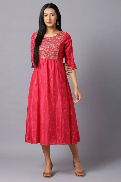Women Polka Print Polyester Flared Kurta