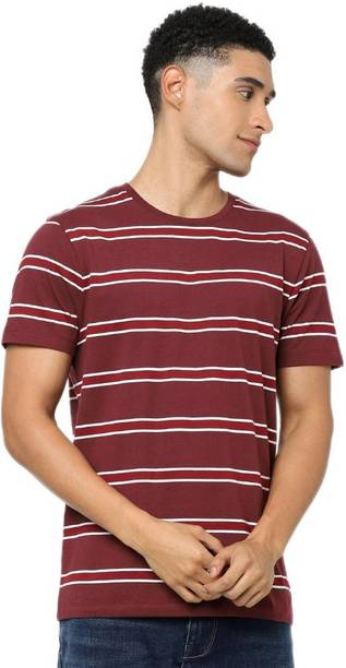 Men Striped Round Neck Pure Cotton Maroon T-Shirt