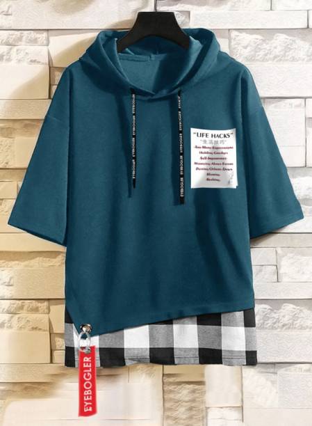 Men Printed Hooded Neck Cotton Blend Green T-Shirt Price in India