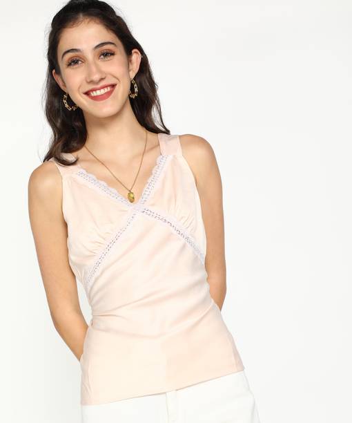 Casual Noodle Straps Solid Women Pink Top
