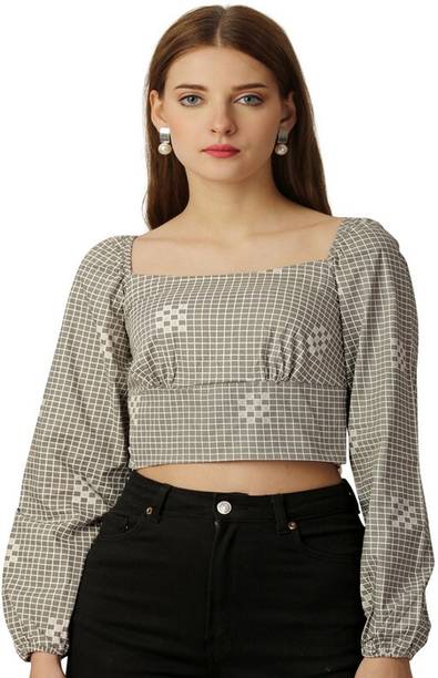 Casual Regular Sleeves Checkered Women Brown Top