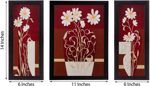 eCraftIndia Set Of 3 Floral Pot Matt Textured Framed Uv Art Print Oil 14 inch x 11 inch Painting
