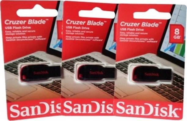 SanDisk 8gb Pen Drive Cruzer Pack Of 3 8 GB Pen Drive Compatible with Mobile USB 2.0 Plastic Case