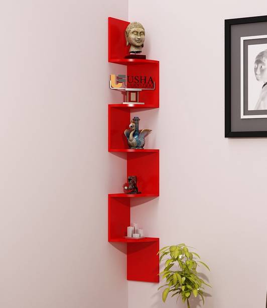 Usha Furniture Corner Mount Wall Shelves Zigzag Shape Rack Wooden Wall Shelf