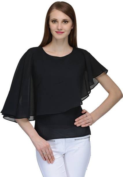 Natty India Casual Butterfly Sleeve Solid Women Black Top