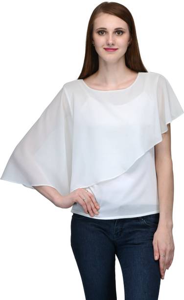 Natty India Casual Butterfly Sleeve Solid Women White Top