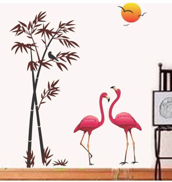 Happy Walls Pink Flamingo Birds In Bamboo Tree & Sunset Background