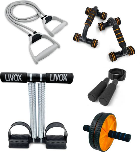 LIVOX Tummy Trimmer, Ab Wheel Roller and Toning Tube, Pushup Bar With Skipping Rope एब व्यायाम करने वाला