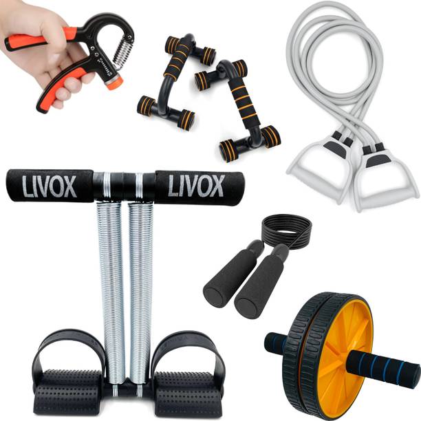 LIVOX Tummy Trimmer, Ab Roller, Pushup Bar, Toning Tube, Skipping Rope And R Hand Grip एब व्यायाम करने वाला