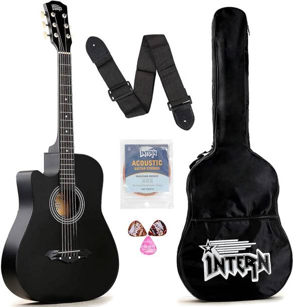 intern 38 Inch Cutaway, 38CL/BK with Bag, Strings, Pick and Strap, Black Acoustic Guitar Basswood Hard Wood Left Hand Orientation