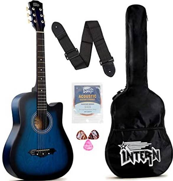 intern Blue Acoustic Guitar 38 Inch Cutaway Body With Bag, Strings, Pick & Strap Acoustic Guitar Linden Wood Rosewood Right Hand Orientation