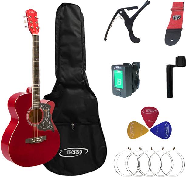 Techno RJ040IN-40inch Acoustic Cutaway Guitar-Bag,Strap,Strings,Capo,Picks,Tuner,Winder Acoustic Guitar Spruce Rosewood Right Hand Orientation