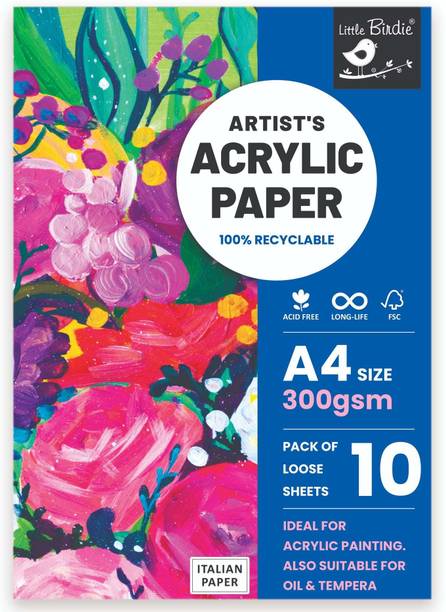 LITTLE BIRDIE Artist`s Acrylic Paper 300 GSM A4 Size Pack of 10 Sheets AR LB 30 cm Acrylic Sheet