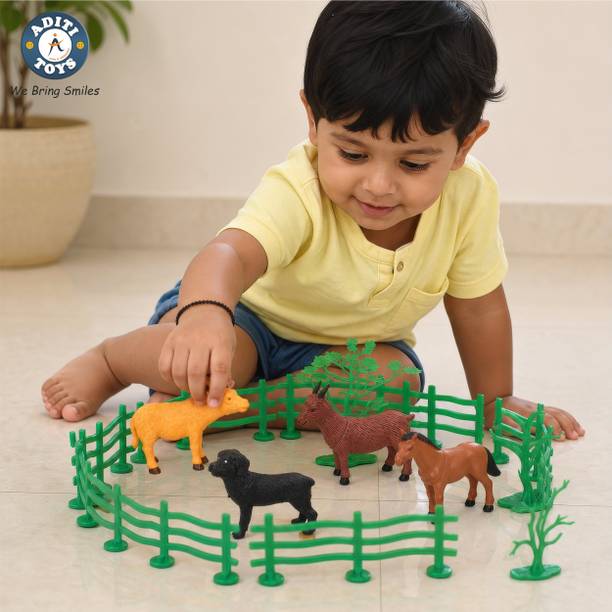 Aditi Toys Realistic Farm Animal Set With Tree & Fence for Kids, 15 Piece Plastic Animal