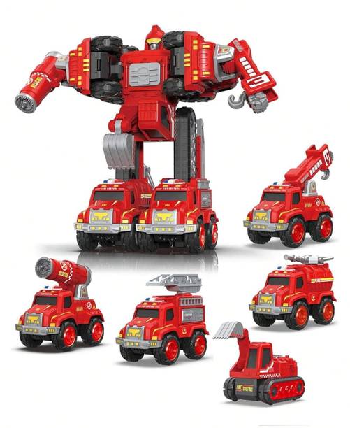 KIDOLOGY 5-in-1 Transforming Fire Robot, Firetruck Vehicle, STEM Car Toys