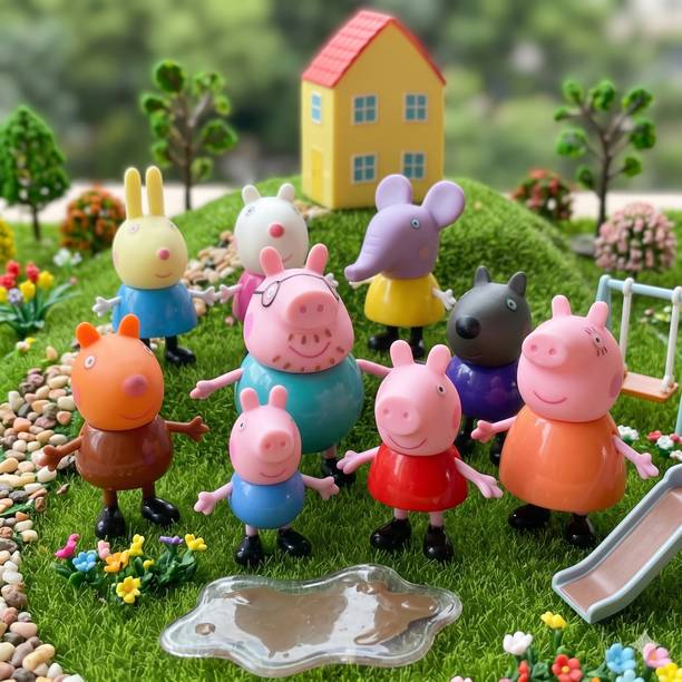 BISOKE Peppa Pig Playset 9 Pcs Family & Friends Dolls for Kids Gifting