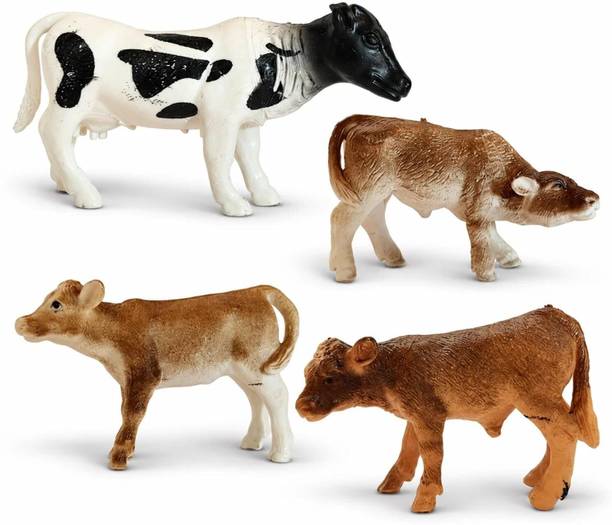 DattireFas Domestic Cow with Calf Animal Toy Set, 4 Pcs Farm Animals Figurines Janwar Toys