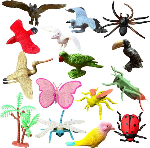 SHETTY TOYS 15 Pcs Rubber Birds & Insects Set Toys - Trending & Most Loved Toy Collection