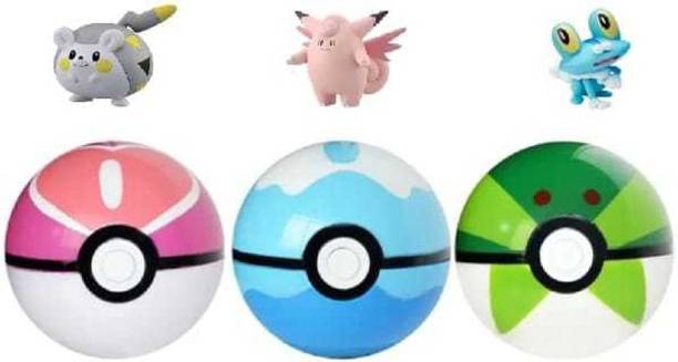 FOZZO-SK Anime Pokemon 3 Poke Balls Multi colors with Tiny Figure inside kids cartoons