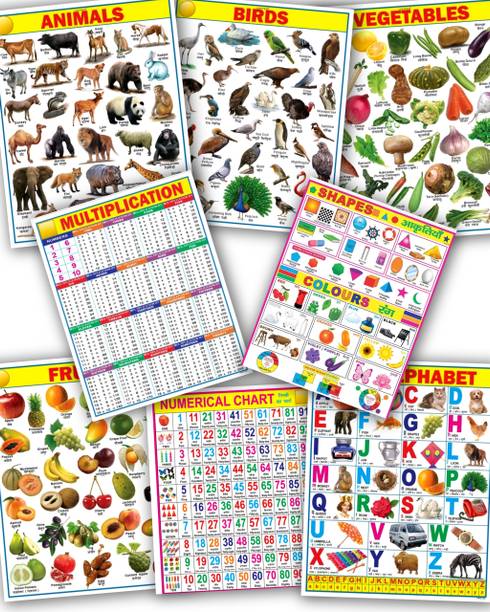 Educational Charts for Kids & Learn Wall Chart for Kids, Number, Alphabets, Animals, Fruits, Vegetable, Table & Color Shapes | Paper Print Fine Art Print