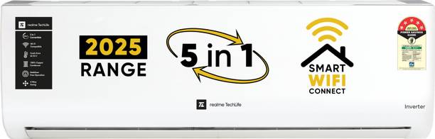 realme TechLife 2025 1 Ton 5 Star Split Inverter 5-in-1 Convertible with Rapid Cool Technology Smart AC with Wi-fi Connect  - White