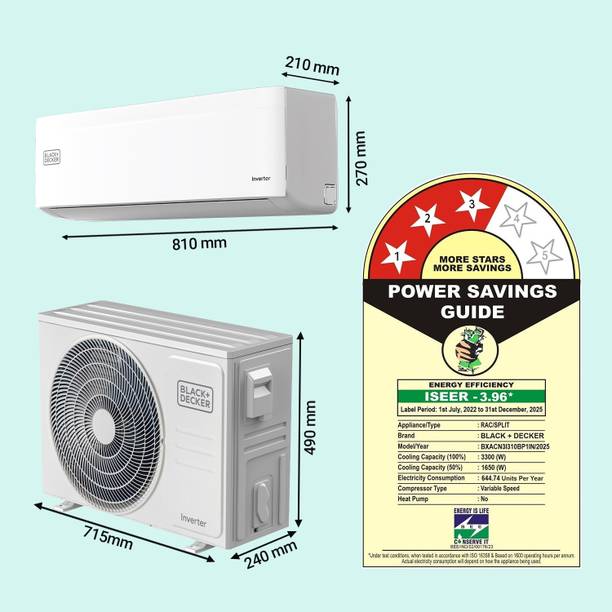 BLACK+DECKER 2025 Model 1 Ton 3 Star Split Inverter AC – White  (BXACN3I310BP1IN, Copper Condenser)