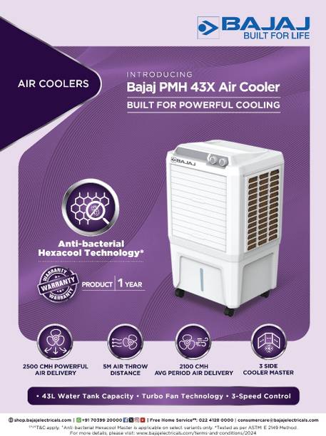 BAJAJ 43 L Desert Air Cooler (White, PMH 43X With 3-side cooling pads & Anti-Bacterial Hexacool Technology-480163)