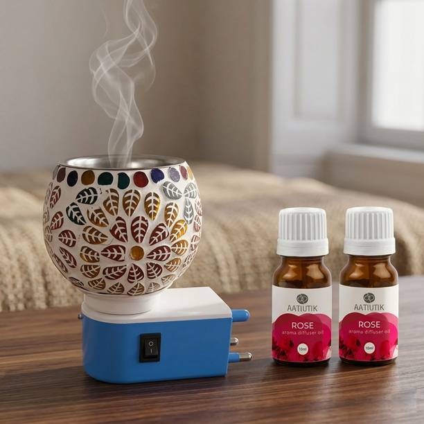 Aatiutik Rose Fragrance Room Freshener Night Lamp with On/Off Switch Diffuser Set Electric Kapoor Dani Camphor Diffuser with Aroma Oil | Ceramic Essential Oil Burner with Steel Bowl on top | Plug-in Fragrance Diffuser for Home, Office & SPA, Hotel