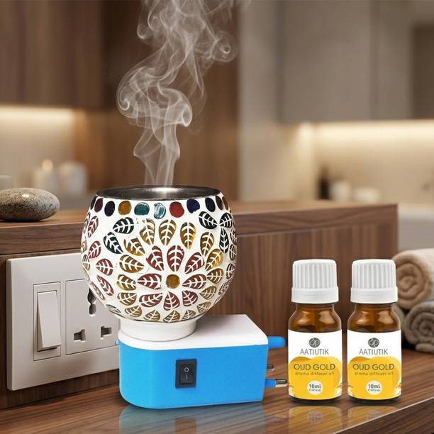 Aatiutik Oud Gold Fragrance Room Freshener Night Lamp with On/Off Switch Diffuser Set Electric Kapoor Dani Camphor Diffuser with Aroma Oil | Ceramic Essential Oil Burner with Steel Bowl on top | Plug-in Fragrance Diffuser for Home, Office & SPA, Hotel