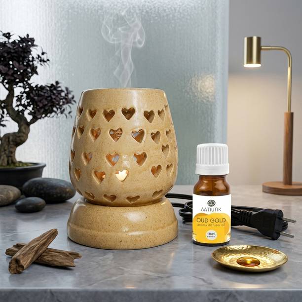 Aatiutik Oud Gold Fragrance Air Freshener Diffuser Set Premium Ceramic Electric Aroma Oil Diffuser with Heart Cut Design | Essential Oil Burner for Home, Office, Spa & Meditation | Fragrance Air Freshener (Ivory)
