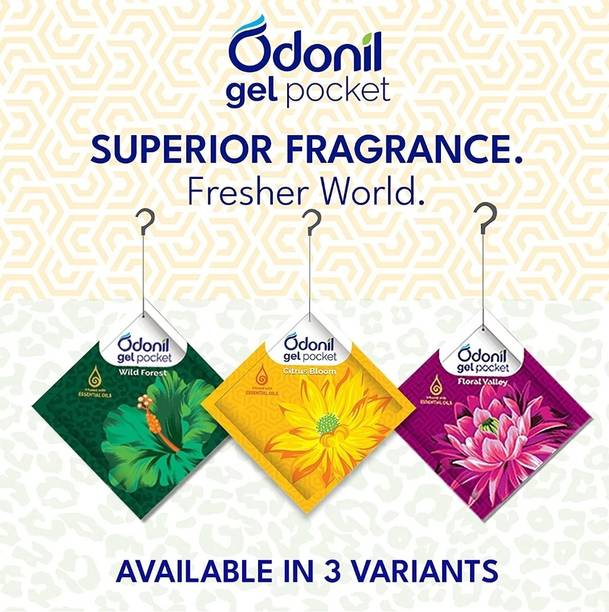 Odonil Floral valley, Citrus bloom, Wild forest Aroma Oil Gel Pocket - 60g (Assorted Pack of 6) | floral valley + Citrus Bloom + Wild Forest | Infused with Essential Oils | Germ Protection | Lasts Up to 30 days | Air Freshener for Bathroom and Toilet