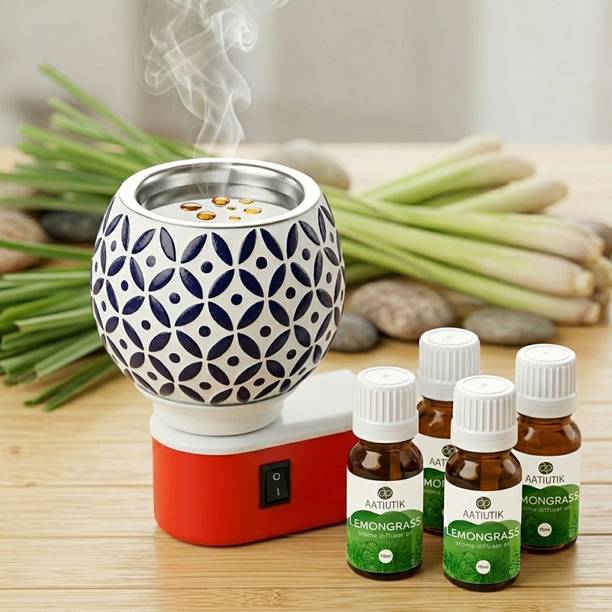 Aatiutik Lemongrass Fragrance Air Freshener Diffuser Set Electric Kapoor Dani Camphor Diffuser with 4 Aroma Oils | Ceramic Essential Oil Burner Night Lamp Light | Plug-in Fragrance Diffuser for Home, Office, Meditation, Pooja Room & Aromatherapy