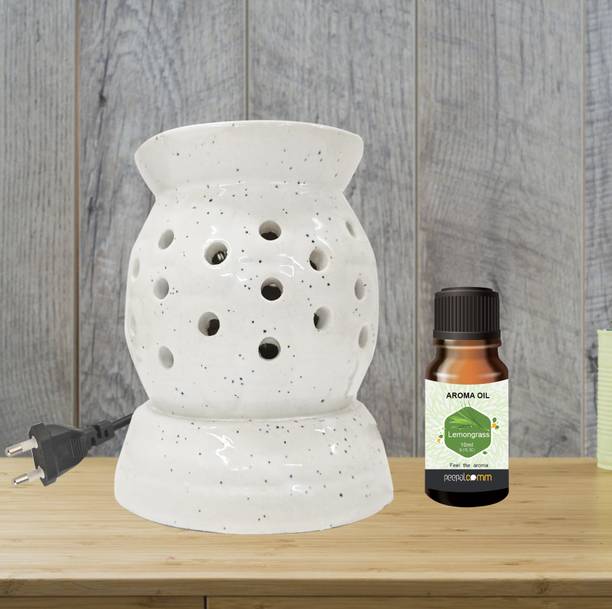 PeepalComm Ceramic Electric Diffuser Aroma Oil Burner Lamp With 1 10ml Lemongrass Scented Aroma Oil, Diffuser Set, Refill Perfect for Room office restaurant spa living room gym bar Air Freshener etc. (Size: 10 x 8 cm, White) with 1 extra bulb