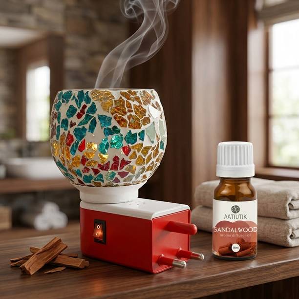 Aatiutik Sandalwood Air Freshener Diffuser Set Electric Kapoor Dani Camphor Diffuser with Mosaic Glass Bowl | Plug-in Aroma Oil & Camphor Burner | Fragrance Air Freshener for Home, पूजा & Office (Multicolor)