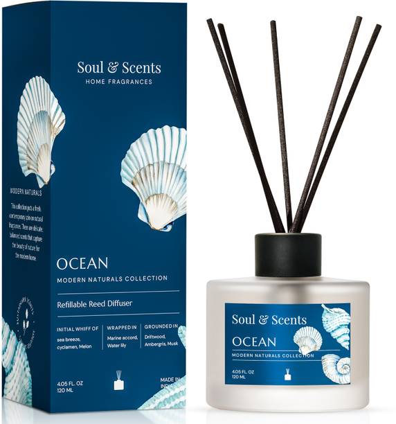सोल एंड सेंट्स ओशन डिफ्यूज़र गेट 6 फाइबर स्टिक नेचुरल फ्रेगरेंस एंड स्मोक लेस रूम फ्रेशनर डिफ्यूज़र सेट, अरोमा ऑयल