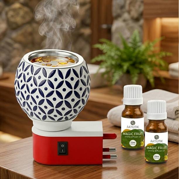 Aatiutik Magic Fruit fragrance Air Freshener Diffuser Set Premium Electric Kapoor Dani Camphor Diffuser with Ceramic Aroma Burner | Essential Oil & Camphor Fragrance Diffuser with Night Lap Light | Electric Dhoop Dani for Home, Office, Meditation & Pooja Room