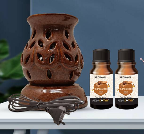 PeepalComm ceramic brown electric diffuser lamp oil burner with 2 10ml sandalwood fragrance Aroma Oil, Diffuser Set, Refill Suitable For Room Office Restaurant Hotel Spa Living Room Gym Bar Room Freshener etc. (Size: 11 x 9 cm, Brown)