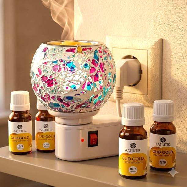 Aatiutik Oud Gold Home Fragrance Air Freshener Diffuser Kapoor Dani Camphor Diffuser | handcrafted Night Lamp Light | Electric Aroma Diffuser with 4 Aroma Oils | Decorative Mosaic Fragrance Diffuser for Home, Hotel, Spa, Pooja Room & Office