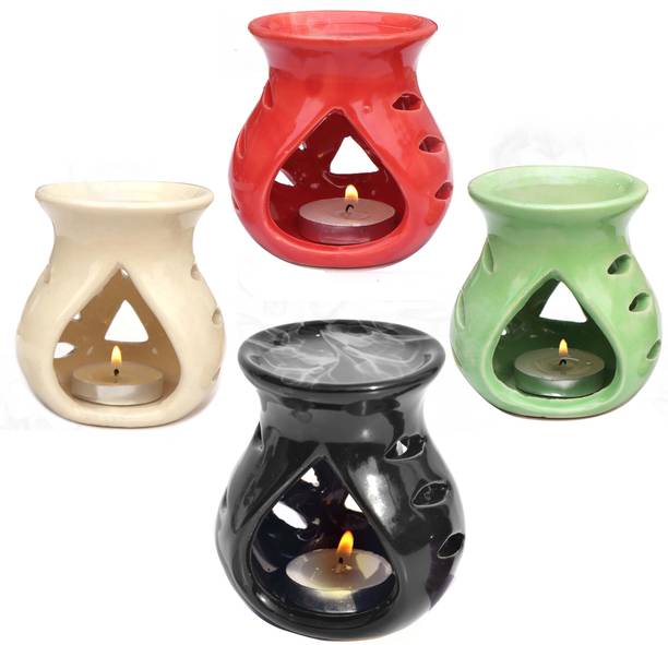 Pure Source India Ceramic 97 Aroma Burner, Set of 4 Pcs, White, Red, Black & Green Aroma Oil PSI-97AROMABNR-WHTBLKGRNRED-SETOF4